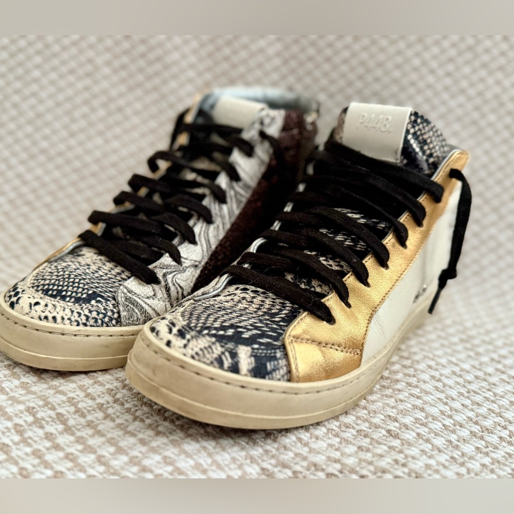 P448 Gold and Snake Print High-Top Fashion Sneakers